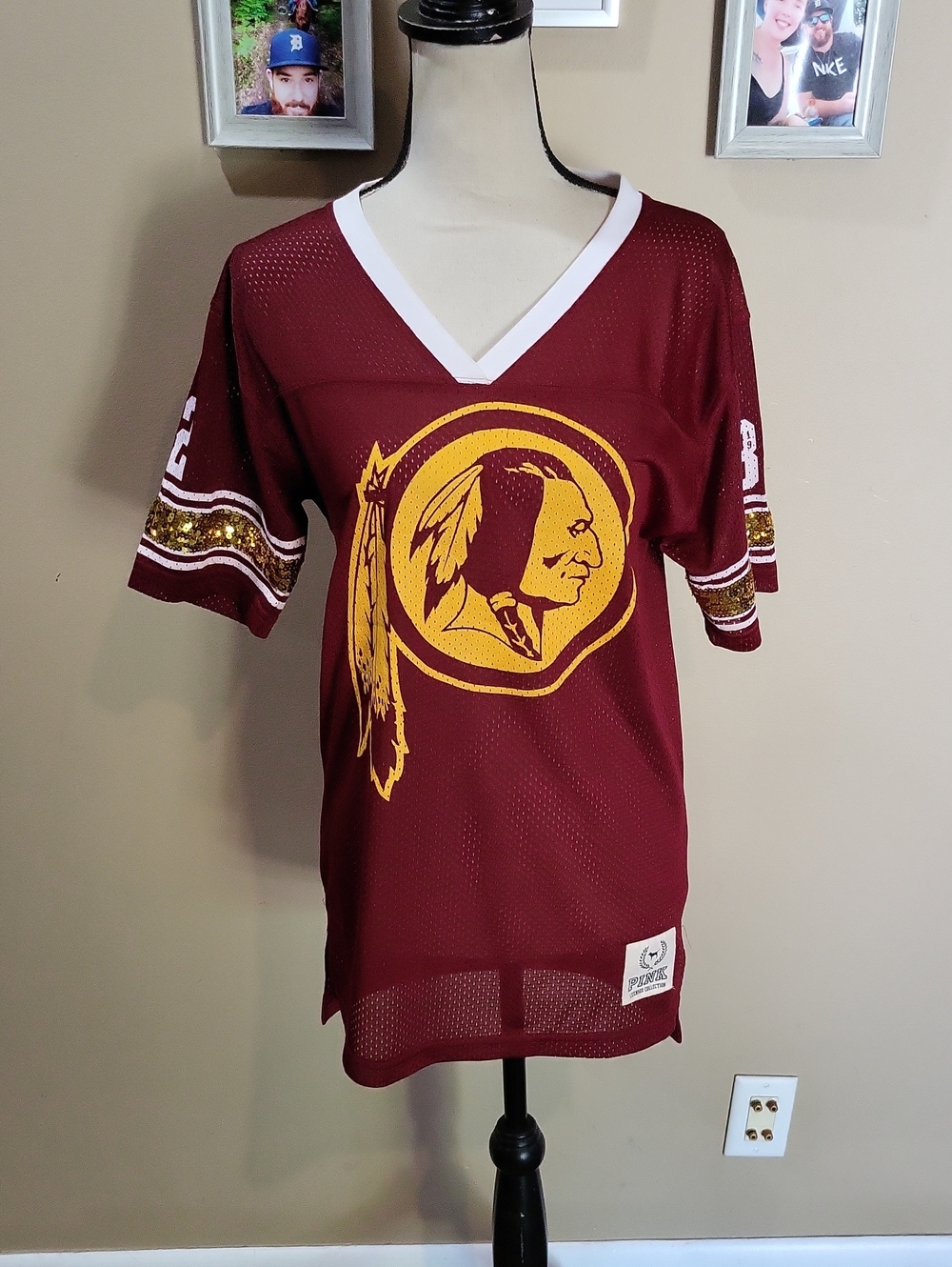 PINK Victoria's Secret Maroon and Gold Mesh V-Neck Jersey